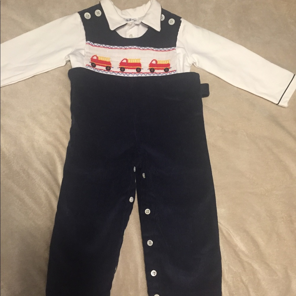 NWT Little Follies navy corduroy fire trucks coverall with long sleeve shirt
